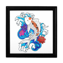 Cool Oriental White Koi Carp Fish Lotus Flowers Jewelry Box
