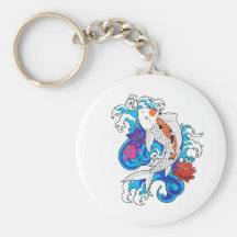 Cool Oriental White Koi Carp Fish Lotus Flowers Keychains