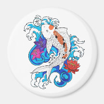 Cool Oriental White Koi Carp Fish Lotus Flowers Fridge Magnet