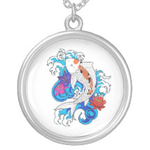 Cool Oriental White Koi Carp Fish Lotus Flowers Custom Necklace