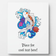 Cool Oriental White Koi Carp Fish Lotus Flowers Photo Plaque