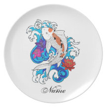 Cool Oriental White Koi Carp Fish Lotus Flowers Dinner Plates
