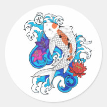 Cool Oriental White Koi Carp Fish Lotus Flowers Round Sticker