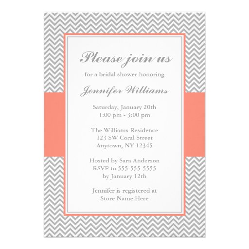 Coral and Grey Chevron Bridal Shower Custom Announcements