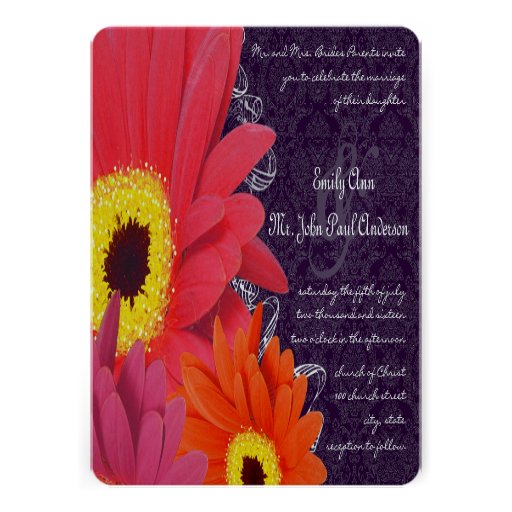 Coral Fuchsia Eggplant Gerber Daisy Wedding Custom Invite