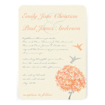 Coral Grey Tree Humming Birds Wedding Invitation