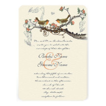Coral & Grey Vintage Birds Wedding Invite