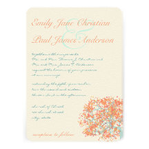Coral Leaves AQUA Tree  Wedding Invitation