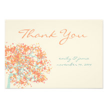 Coral Leaves AQUA Tree  Wedding Thank You Announcement