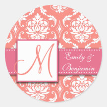 Coral Pink Damask Wedding Favour Sticker Pink