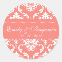 Coral Pink Damask Wedding Stickers