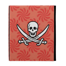 Coral & Red Swirl Jolly Roger, Pirate iPad Folio Case
