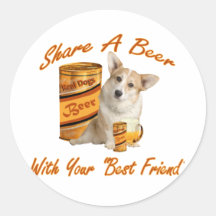 corgi Shares A Beer Round Stickers