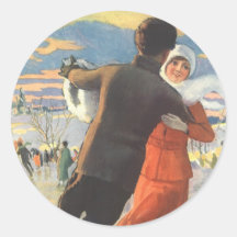 Couple in Love Ice Skating on Christmas Day Round Sticker
