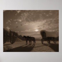 Covered Wagon at Sunset - LARGE Print - Sepia