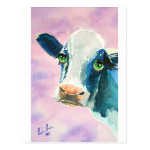 Cow face with green eyes watercolor painting post card