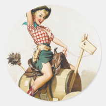 Cowgirl Riding Pin Up Round Sticker