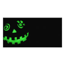 Crazy Jack O Lantern Pumpkin Face Green Customized Photo Card