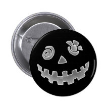 Crazy Jack O Lantern Pumpkin Face White Grey Button