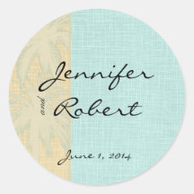 Cream Linen and Blue Palm Trees Envelope Seal Round Stickers
