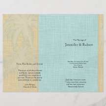 Cream Linen and Blue Palm Trees Wedding Program Flyer Design
