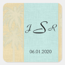 Cream Linen Blue Palm Trees Monogram Sticker