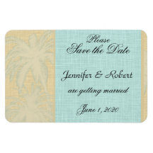 Cream Linen Blue Palm Trees Wedding Save the Date Rectangular Magnets