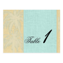 Cream Linen Blue Palm Trees Wedding Table Number Postcards