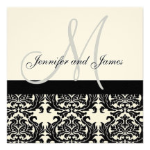 Cream Wedding Invitation Monogram Black Damask