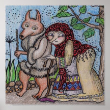 Crone and Wolfie Go for a Walk  Ukrainian Folk Art Print
