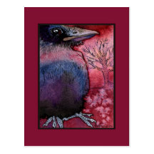 crow and red sunset post card