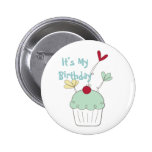 Cupcake birthday badge with cherry and flowers pinback buttons