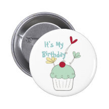 Cupcake birthday badge with cherry and flowers pinback buttons