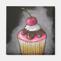 Cupcake in Oil Pastel: Pink icing, Cherry Refrigerator Magnet