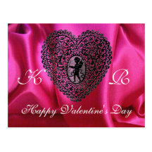 CUPID LACE HEART SILK FUCHSIA CLOTH , Pink Black Postcard