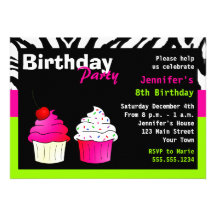 Custom Birthday Cupcake Party Lime Green Zebra Announcement