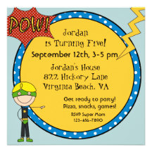 Custom Blonde Hair Boy Super Hero Birthday Invites