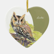 Custom Dated Screech Owl Watercolor Bird Christmas Ornaments