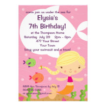 Custom Little Girls Mermaid Birthday Party Custom Invitations
