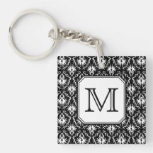 Custom Monogram. Black and White Damask Pattern.