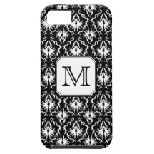 Custom Monogram. Black and White Damask Pattern.
