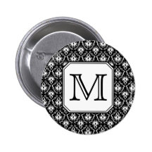 Custom Monogram. Black and White Damask Pattern. Button