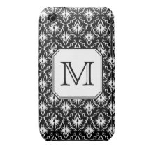 Custom Monogram. Black and White Damask Pattern. iPhone 3 Case