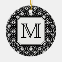 Custom Monogram. Black and White Damask Pattern. Ornaments