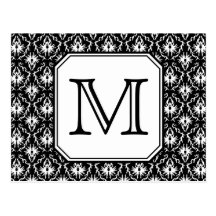 Custom Monogram. Black and White Damask Pattern. Post Cards