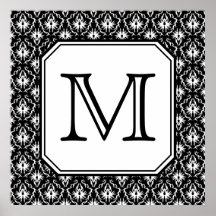 Custom Monogram. Black and White Damask Pattern. Poster