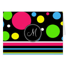 Custom Monogram Colourful Neon Stripes Polka Dots Cards