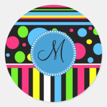 Custom Monogram Initial Neon Stripes Polka Dots Stickers