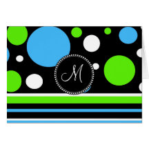 Custom Monogram Teal Green Stripes Polka Dots Greeting Card
