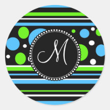 Custom Monogram Teal Green Stripes Polka Dots Stickers